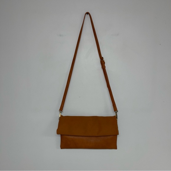 Anthropologie Foldover Crossbody Bag Purse Faux Leather Suede Brown 12.5" x 8" - Picture 2 of 15